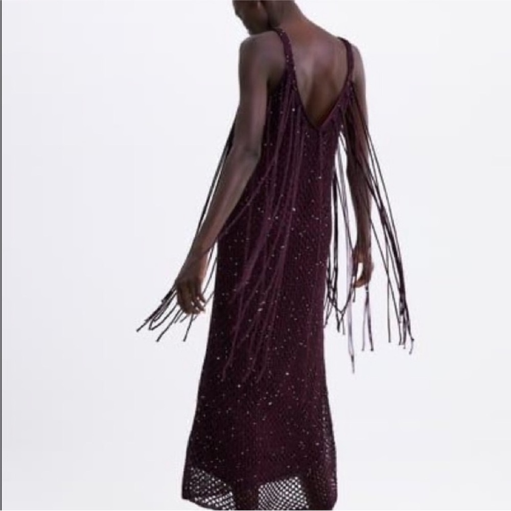 Zara limited edition Deep Purple crochet sequin Midi Dress with Fringe